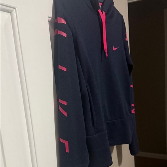Nike Women's Pro Dri-FIT Cropped Graphic Hoodie in navy with pink accents. {XS} - Picture 6 of 14